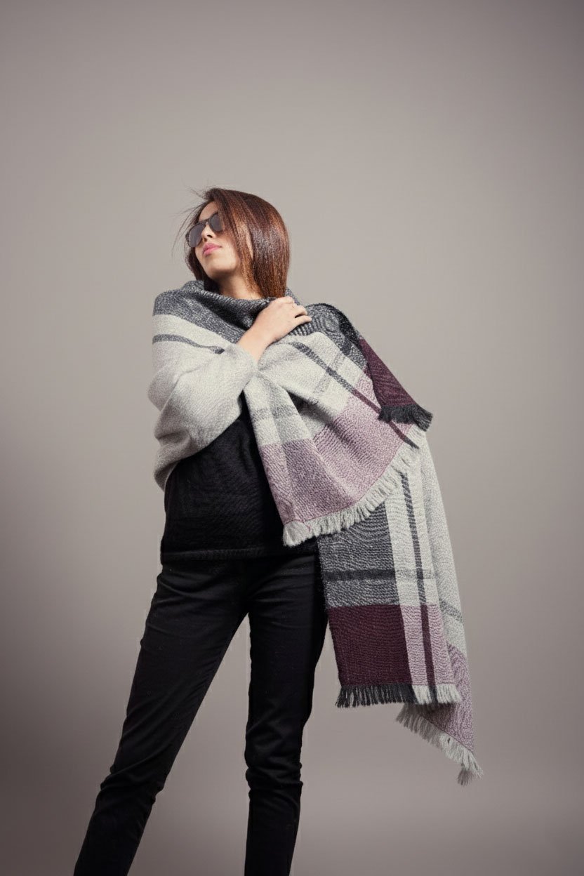 Ruana Andina de Alpaca - Manto Artesanal en Bloques Grises y Borgoña