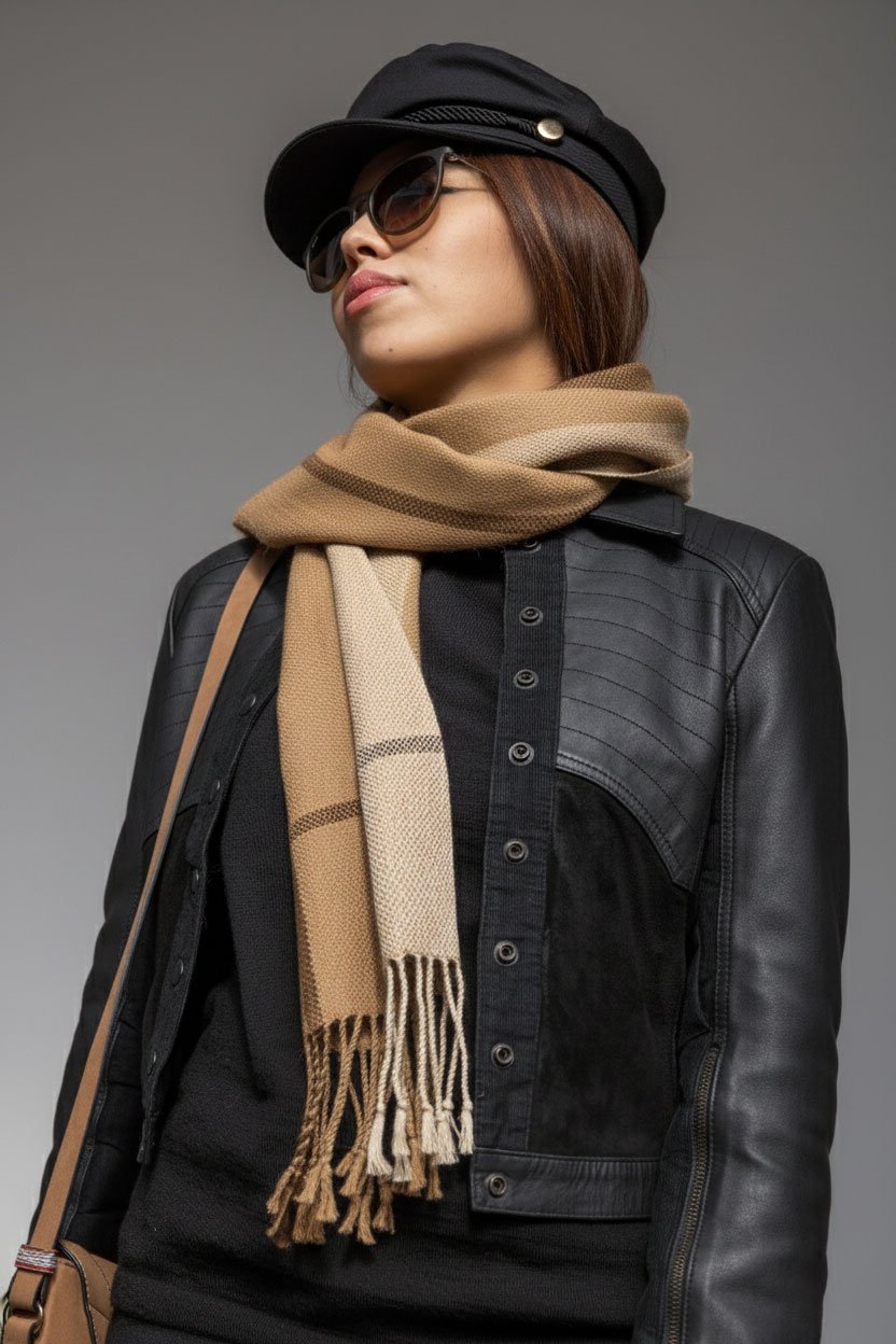 Chalina de Alpaca Whatawata - Diseño a Cuadros en Tonos Camel y Beige.